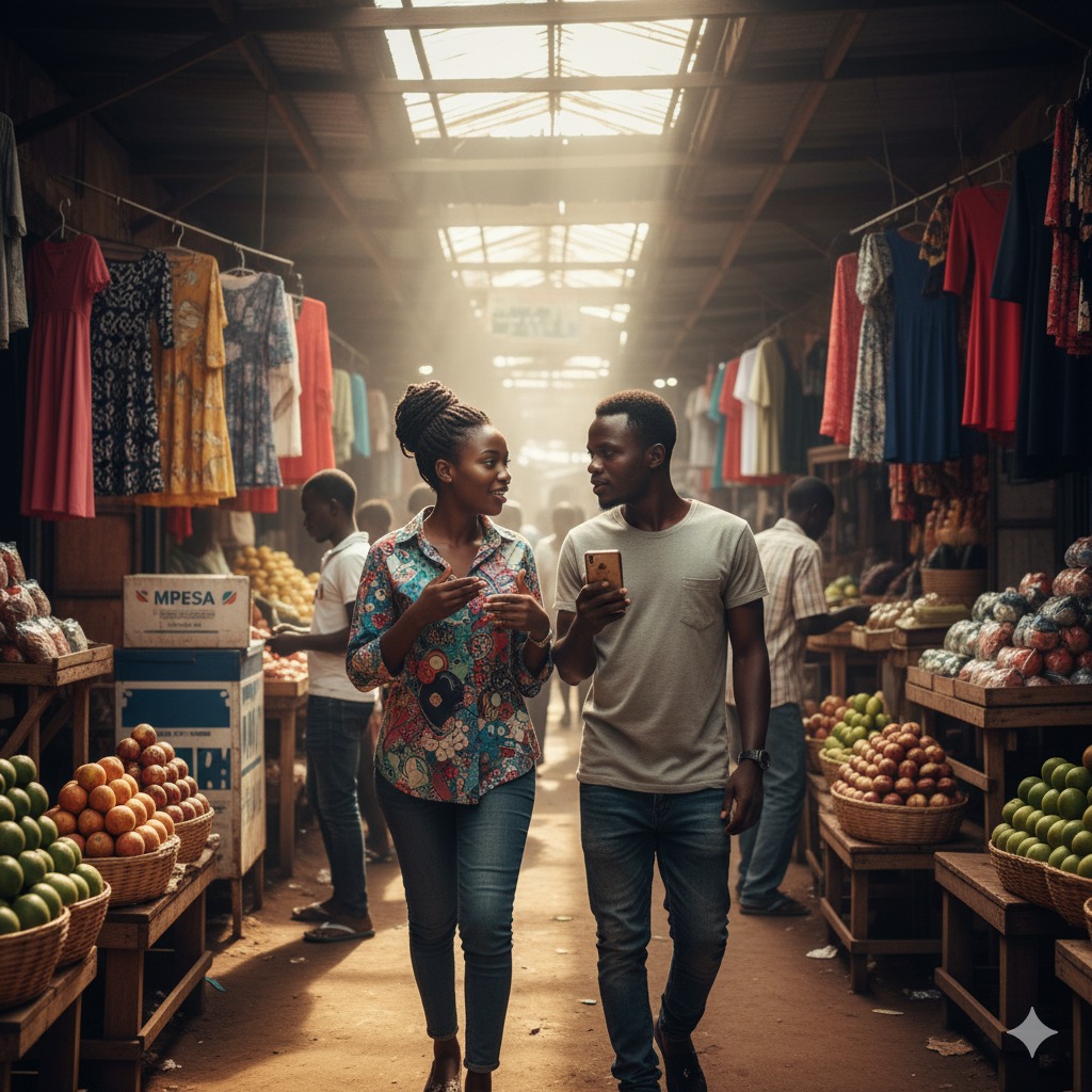 Two people conversing in a vibrant African market with colorful clothing and fresh produce
