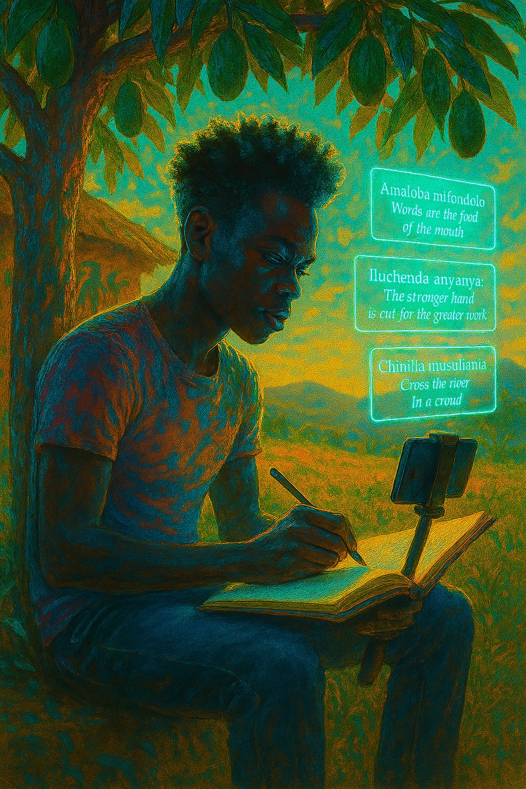 Artistic illustration featuring African proverbs and cultural wisdom in glowing text